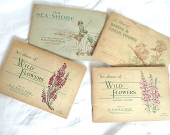 Four vintage cigarette card albums - vintage flower card albums - vintage bird card album - vintage sea shore book - collectors cards