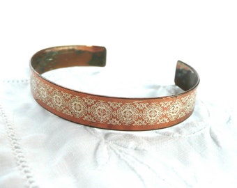 Etched copper cuff bangle - brass and copper cuff bracelet - copper and white lace etched bangle - vintage copper cuff