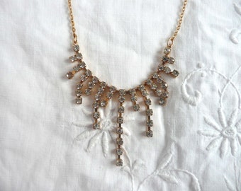 Mid century rhinestone choker necklace - goldtone and white rhinestone short necklace - vintage crystal necklace - bridal necklace