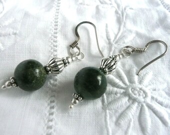 Sterling silver and agate earrings - silver dangle earrings - dark green agate ball earrings - hallmarked silver and gemstone earrings
