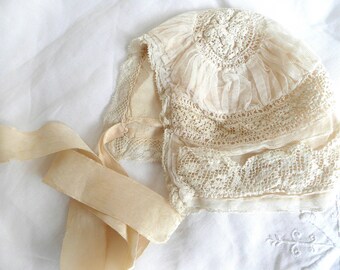 Antique baby bonnet - French silk, tulle and lace baby bonnet - cream silk baby bonnet with ribbon and lace - antique cream silk baby cap