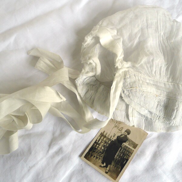 Antique baby bonnet - white French fine organdy baby bonnet - white baby bonnet with white ribbon ties - antique baby cap