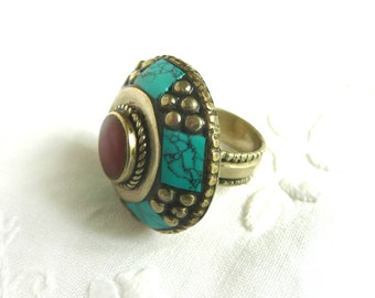 Vintage turquoise and agate tribal ring - Afghan turquoise ring - statement tribal ring - vintage Kuchi turquoise and carnelian ring