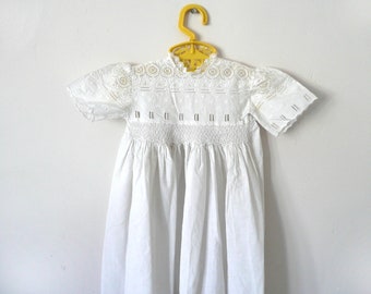 Antique baby dress - vintage christening dress - long smocked broderie anglaise baby gown - embroidered baby dress