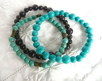Gemstone  stretch bracelets - three semi precious stone bracelets - vintage turquoise and agate stretch bracelets