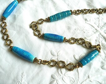 Long 1970s ceramic bead and chain necklace - turquoise ceramic bead and brass 70s bead necklace - blue and gold mid century necklace
