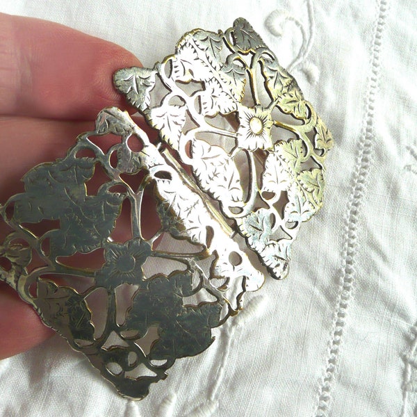 Antique silver plated buckle - ornate leaf design star burst pierced silver plated buckle - art nouveau silver plated buckle