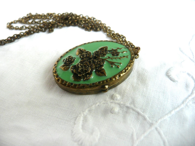 mid century locket Enamel flower locket green enamel and brass locket green and gold rose locket with magnetic closure
