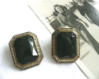 1950s rectangular glass and metal earrings - black glass clip on earrings with scroll design edge - mid century glass earrings