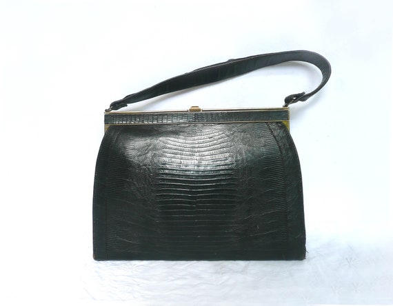 Black snakeskin handbag - vintage tegu skin purse