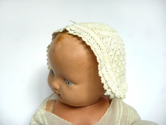 Antique hand crochet baby bonnet - antique cream … - image 9