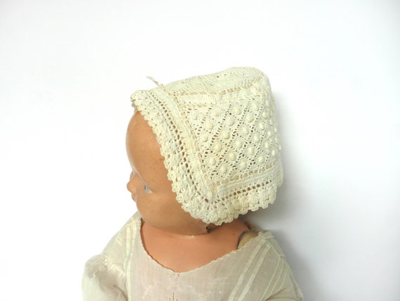 Antique hand crochet baby bonnet - antique cream … - image 4