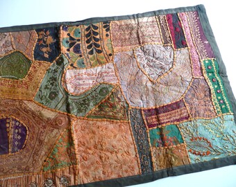 Vintage Indian wallhanging - Indian sari patchwork wall hanging - vintage Indian textile - orange recycled sari textile