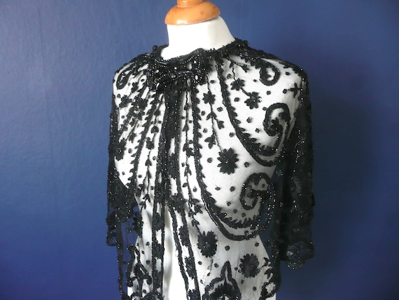 Victorian mourning shawl - antique black net hand