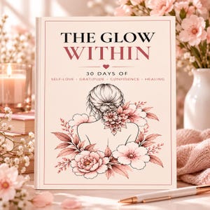 Op de afbeelding: Een boek getiteld THE GLOW WITHIN 30 DAYS OF SELF-LOVE, GRATITUDE, CONFIDENCE, HEALING. De kaft bevat een lijntekening van een persoon van achteren gezien met een bloemstuk rond de schouders in roze en crèmetinten.