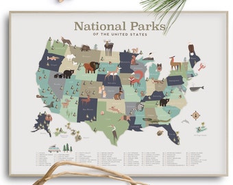 JPG files for printing National park map plus 4 animals, Kids room art, Baby Shower gift, Nursery, National park checklist, Wall decor