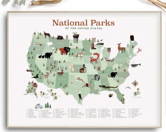 National Park Map Print: Kids Room Decor, Green USA Checklist