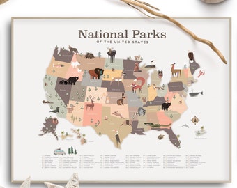 National park map, Warm cozy colors, Kids map, National park art, Kids room wall decor, Nursery, National park theme decor, Baby Shower gift