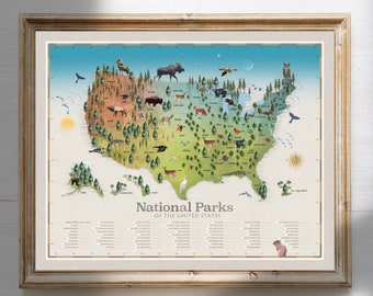 National park map, All 63 National parks, National park art, Maps, Hiking, National park map print, Gift for hiker, Checklist map, Wall art,