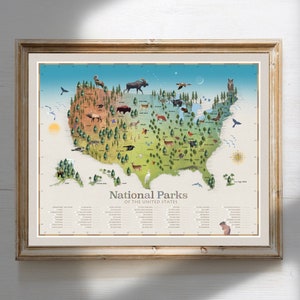 National park map, All 63 National parks, National park art, Maps, Hiking, National park map print, Gift for hiker, Checklist map, Wall art,