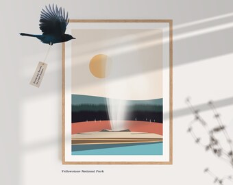 Yellowstone National Park Print: Old Faithful Geyser, Uniquely Illustrated Modern Art Poster