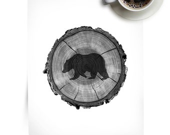Bear Silhouette Tree Ring Print: Nature Wall Art