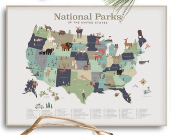 National Parks Map Print: with USA Woodland Animals for Nursery Decor—Customers Love This Map—No AI–Human Made, By Me!