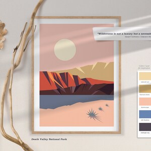 Puede incluir: Una ilustraci&oacute;n geom&eacute;trica minimalista de un paisaje des&eacute;rtico con un gran sol en el cielo. Los colores son beige natural, piedra de cosecha, paisaje de dunas, sombra azul verdoso y cielo de medianoche. El texto "Wilderness is not a luxury but a necessity... Desert Solitaire | Edward Abbey" est&aacute; en la parte superior de la imagen. El texto "Death Valley National Park" est&aacute; en la parte inferior de la imagen.