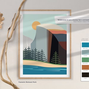 Puede incluir: Una ilustraci&oacute;n minimalista del Parque Nacional de Yosemite con una cita de Edward Abbey: "La naturaleza salvaje no es un lujo sino una necesidad..." La ilustraci&oacute;n presenta una cordillera, un lago y un bosque de pinos. La paleta de colores incluye tonos de azul, verde, marr&oacute;n y naranja.