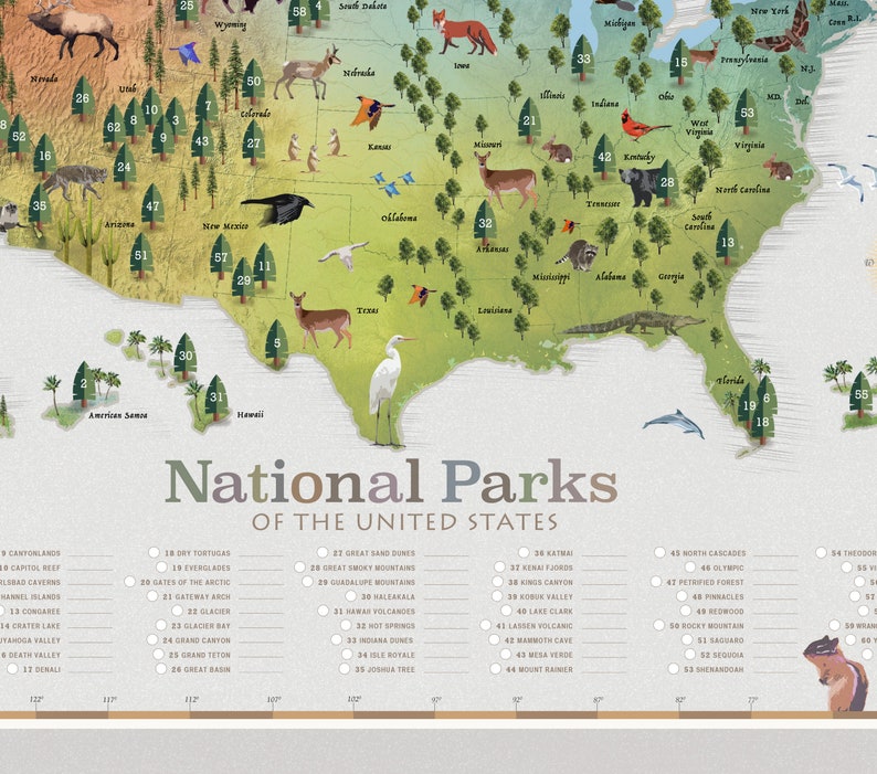 National Park Map All 63 National Parks National Park Art Etsy