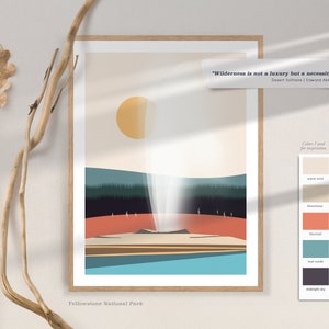 Puede incluir: Una ilustraci&oacute;n minimalista de un g&eacute;iser en erupci&oacute;n en el Parque Nacional de Yellowstone. La ilustraci&oacute;n presenta un sol, un bosque y un cuerpo de agua en una paleta de colores apagados. La cita "Wilderness is not a luxury but a necessity..." de Edward Abbey se incluye en la imagen.