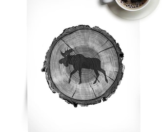 Moose Silhouette Print: Tree Ring Nature Art