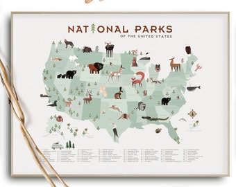 National park map, Light minty sage greens, Kids map, Camping art, Kid's outdoor adventure, Camping Nursery, Baby Shower, National park art