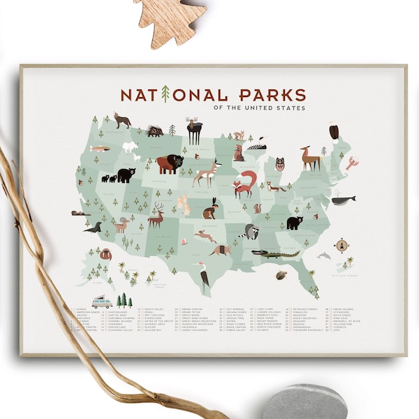 National park map, Light minty sage greens, Kids map, Camping art, Kid's outdoor adventure, Camping Nursery, Baby Shower, National park art