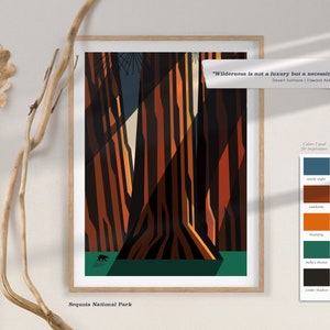 Puede incluir: Una impresi&oacute;n de arte abstracto geom&eacute;trico que representa una escena de bosque en tonos marrones, naranjas y verdes. La impresi&oacute;n presenta la cita "Wilderness is not a luxury but a necessity..." de Edward Abbey. La impresi&oacute;n se titula "Sequoia National Park".