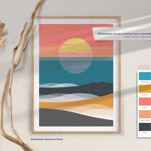 Puede incluir: Impresi&oacute;n de arte abstracto con una puesta de sol sobre una masa de agua con una cita de Edward Abbey: "Wilderness is not a luxury but a necessity..." La impresi&oacute;n est&aacute; en tonos de coral, naranja, amarillo, azul y gris. La impresi&oacute;n se titula "Haleakala National Park".
