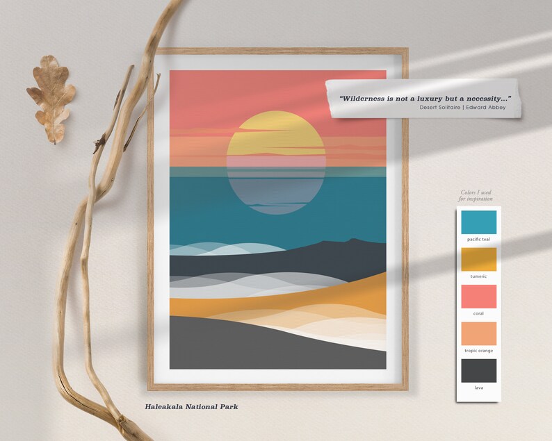 Puede incluir: Impresi&oacute;n de arte abstracto con una puesta de sol sobre una masa de agua con una cita de Edward Abbey: "Wilderness is not a luxury but a necessity..." La impresi&oacute;n est&aacute; en tonos de coral, naranja, amarillo, azul y gris. La impresi&oacute;n se titula "Haleakala National Park".