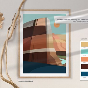 Puede incluir: Una ilustraci&oacute;n geom&eacute;trica de un ca&ntilde;&oacute;n en el Parque Nacional Zion, Utah. La ilustraci&oacute;n est&aacute; en tonos de marr&oacute;n, naranja, azul y verde. El texto "Wilderness is not a luxury but a necessity..." se muestra en la parte superior de la imagen. El texto "Desert Solitaire | Edward Abbey" se muestra debajo de la cita. El texto "Zion National Park" se muestra en la parte inferior de la imagen.