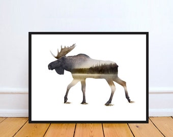 Moose Double Exposure Art Print: Cabin Decor, Hiking Art