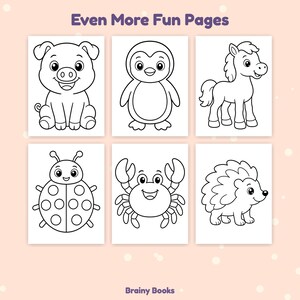 May include: A coloring page set titled Even More Fun Pages by Brainy Books featuring six black and white line art illustrations of a pig, penguin, horse, ladybug, crab, and hedgehog on a light peach background for creative activities.