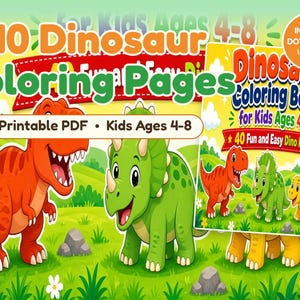 Dinosauriemålarbilder för barn i åldrarna 4-8, 40 utskrivbara söta dinosaurier i PDF-format, enkel och rolig aktivitetsbok för nedladdning, födelsedagsfestgåvor bild 1