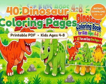 May include: A digital collection of 40 dinosaur coloring pages in a printable PDF format for kids ages 4-8. The cover features a red T-Rex, a green Triceratops, and a yellow Stegosaurus against a green landscape with text Dinosaur Coloring Book.