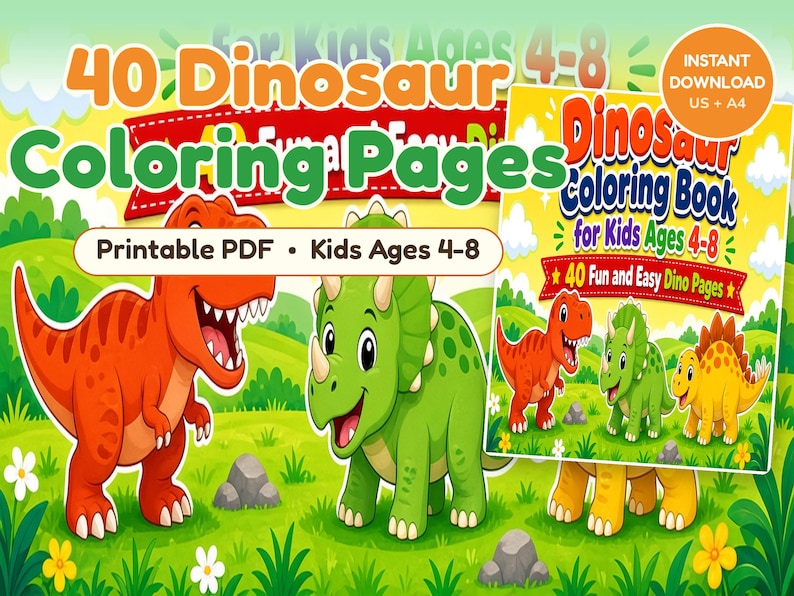 Dinosauriemålarbilder för barn i åldrarna 4-8, 40 utskrivbara söta dinosaurier i PDF-format, enkel och rolig aktivitetsbok för nedladdning, födelsedagsfestgåvor bild 1