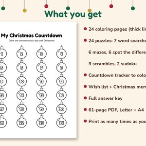 May include: A printable activity set titled My Christmas Countdown featuring a numbered ornament tracker, 24 colouring pages, 7 word searches, 6 mazes, 6 spot the difference games, 3 scrambles, 2 sudoku puzzles, a wish list, Christmas memories, and an answer key.