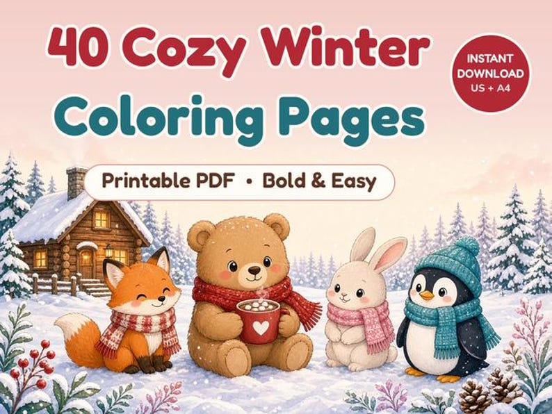 May include: A digital collection of 40 Cozy Winter Coloring Pages featuring a log cabin, a fox, a bear with cocoa, a rabbit, and a penguin in the snow. The text reads 40 Cozy Winter Coloring Pages, Printable PDF, Bold & Easy, and Instant Download.