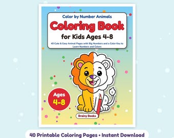 May include: A Color by Number Animals coloring book for kids ages 4-8 featuring a lion illustration that is half-colored in orange and yellow and half-outlined in black and white. The cover includes a red pencil and the text Brainy Books.
