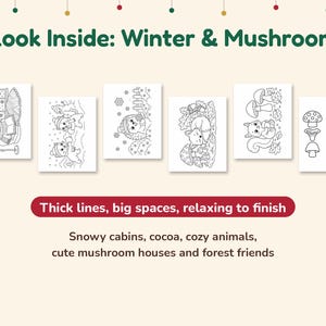 May include: A coloring book titled Look Inside: Winter & Mushroom featuring six black and white line art pages with illustrations of an owl, snowmen, a hedgehog, a fox, a squirrel, and various mushrooms, with thick lines and big spaces.