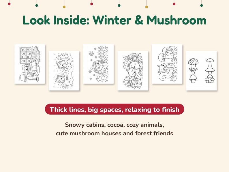 May include: A coloring book titled Look Inside: Winter & Mushroom featuring six black and white line art pages with illustrations of an owl, snowmen, a hedgehog, a fox, a squirrel, and various mushrooms, with thick lines and big spaces.