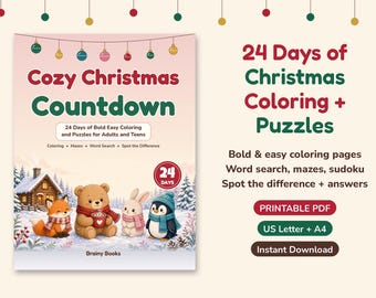 Puede incluir: Una portada de libro titulada Cozy Christmas Countdown con un zorro, un oso, un conejo y un pingüino en un paisaje nevado. El texto incluye 24 Days of Bold Easy Coloring and Puzzles for Adults and Teens, Coloring, Mazes, Word Search.