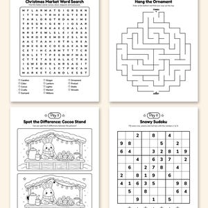 May include: A printable activity sheet set featuring four Christmas-themed puzzles: a word search, a maze, a spot the difference game with a rabbit at a cocoa stand, and a sudoku grid. The header reads Plus a fun puzzle every day.